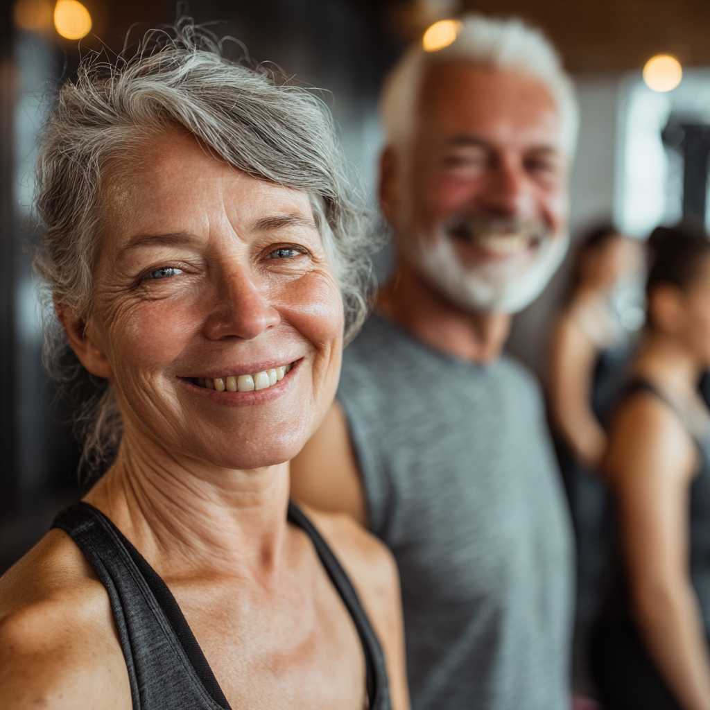 middle-aged people exercising together in modern fitness studio with natural lighting